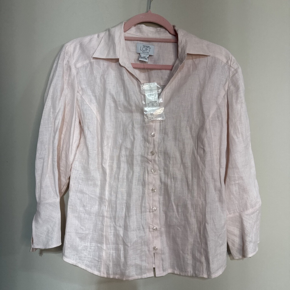 ANN TAYLOR LOFT Women's Size Petite M 100% Linen Salmon Pink Blouse #104